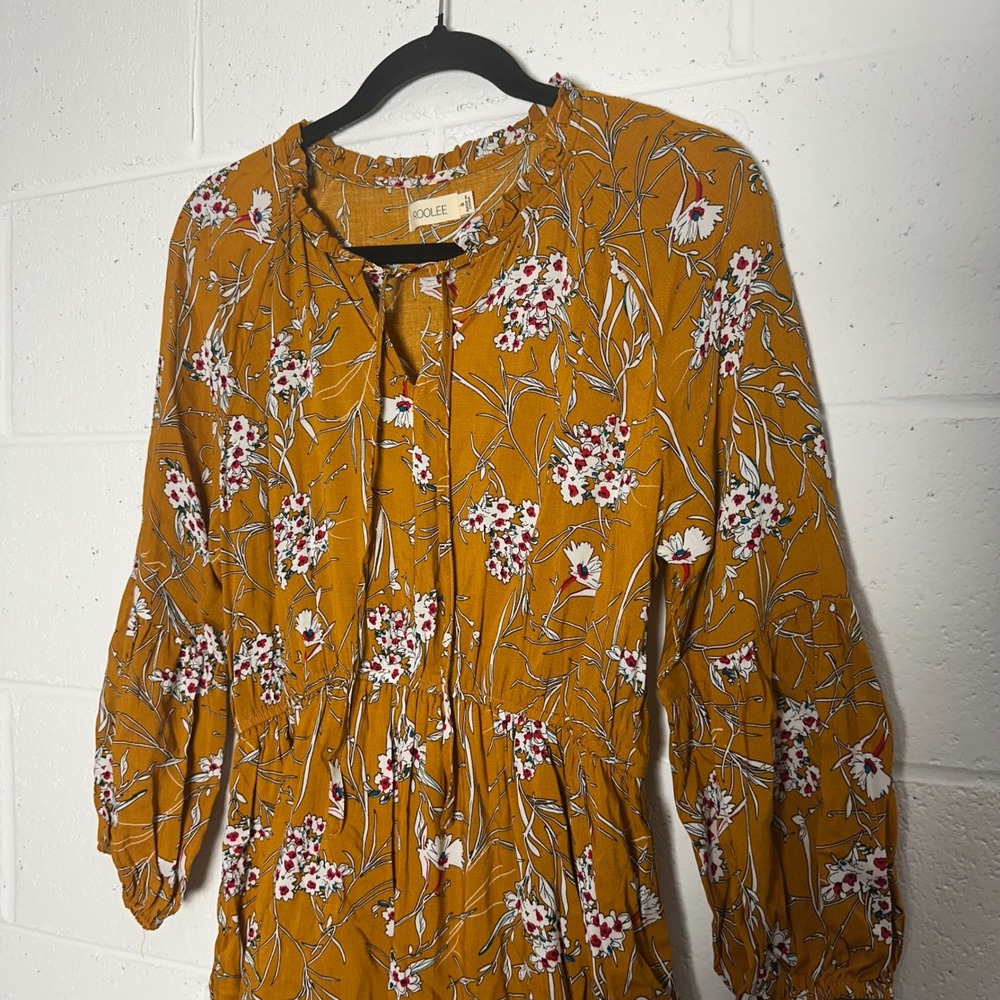 Roolee Mustard Yellow Floral Midi Dress Ruffle Tie Neck Long Sleeve Small